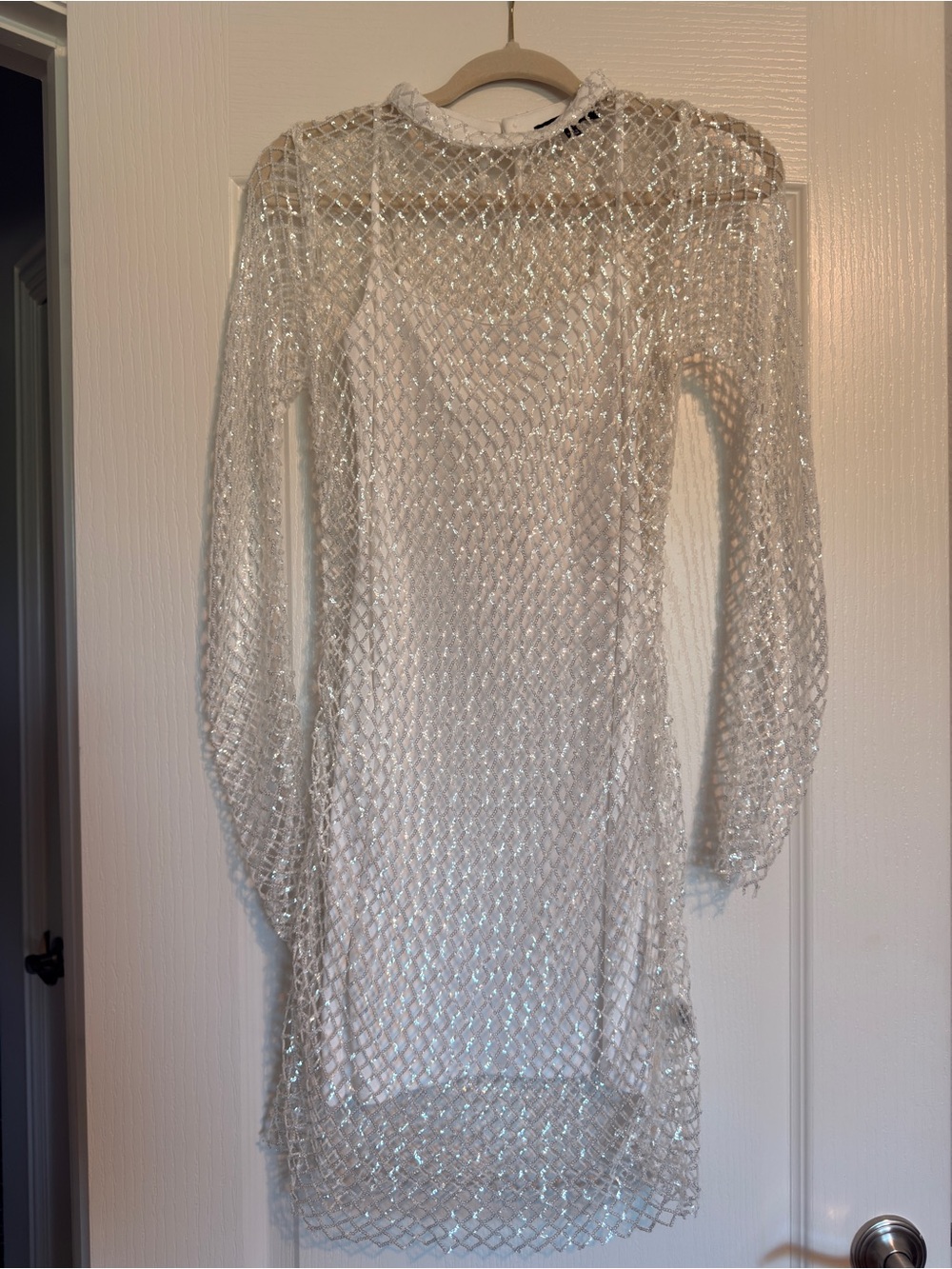 White Sequin Mesh Long-Sleeve Dress